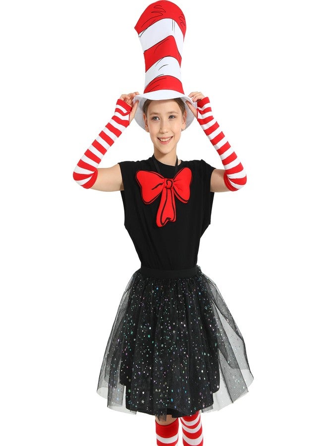 Wizland 5pcs Kid Cat Hat Kits for Read Book Day，Storybook Character Accessories with Gloves White Red Striped Hat, Bow Tie，Tail - Image 3